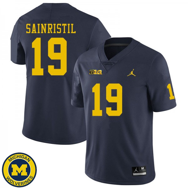 Mens Michigan Wolverines #19 Mike Sainristil Navy Fashion Football Jersey